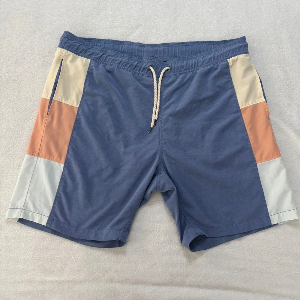 Faherty Brand Beacon Trunk Blue Colorblock Swim Shorts Mens XL Recycled Blend